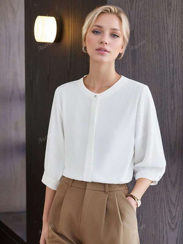 White 3/4 Sleeve Shirt For Women, Slim Fit, Thin, Round Neck Blouse Top, New Collection 2025 Summer