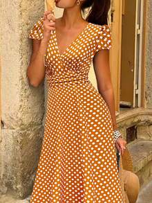 Women's Fashion Elegant V-Neck Short Sleeve Polka Dot Print Casual Dress - Orange - View 1