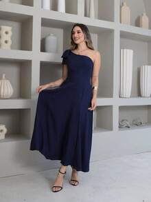 Helena Luxury Dune Linen Midi Dress With Bow On The Sleeve - Navy Blue - View 3