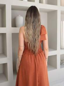 Helena Luxury Dune Linen Midi Dress With Bow On The Sleeve - Burnt Orange - View 6