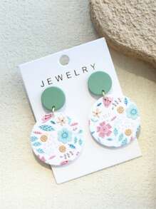 1 Pair Women Elegant Cute Floral & Grass Print Random Pattern Acrylic Round Dangle Earrings, Ceramic Texture