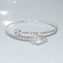 1pc Luxury Fully Studded Czech Crystal Rhinestone Bangle Bracelet, Silver Color - Silver - View 2