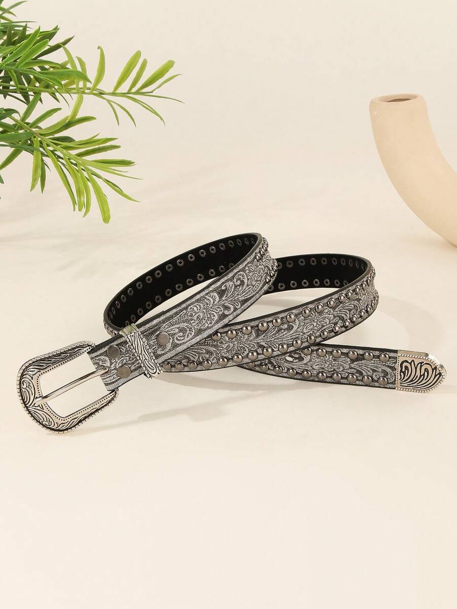 1pc Women's Retro PU Leather Rivet Belt, All Seasons