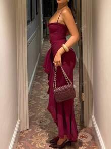 Modisches, elegantes, sexy, gerafftes, figurbetontes Asymmetrisch-Saum-Mesh-Ballkleid, Partykleid, Cocktailkleid