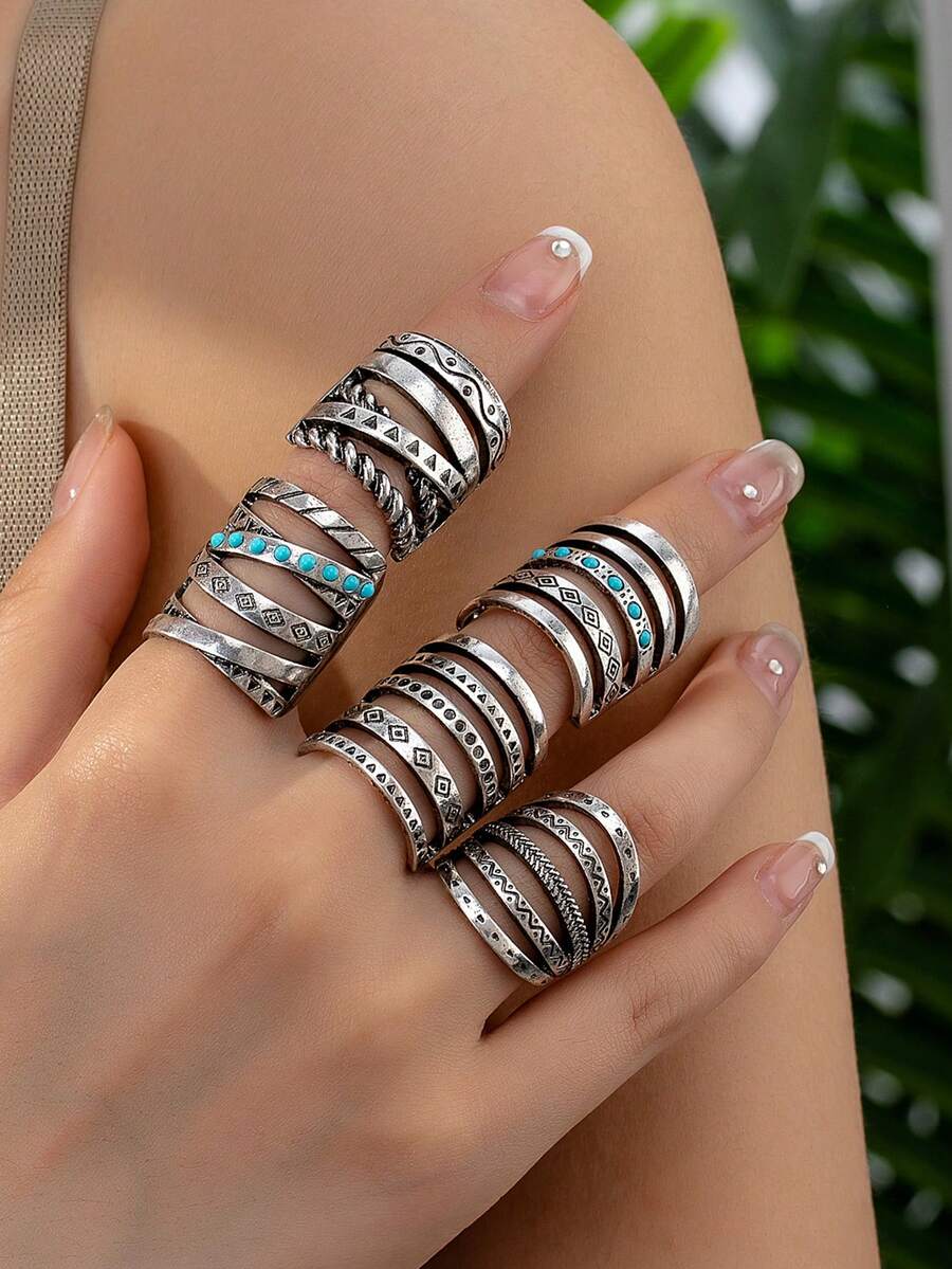 1 Pc Western Ring Jewelry Retro Pattern Chunky Rings For Women - Multicolor - View 1