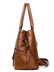 1pc Women's Solid Retro Brown Tote Bag, Large Capacity Multi-Zipper Pockets Handbag, PU Dual Handle Portable Outdoor Casual Business Versatile Shoulder Bag, Stitching Anti-Theft Crossbody Bag - Brown - View 7