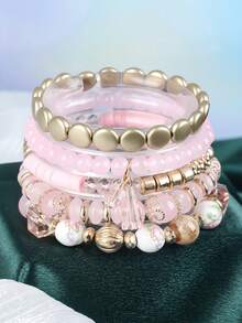 4pcs Bohemian Fashion Personalized Versatile Multi-Layer Stretch Bracelet, Creative Crystal Butterfly Pearl Beads Bracelet For Women, Birthday Party Gift - Coffee - View 2