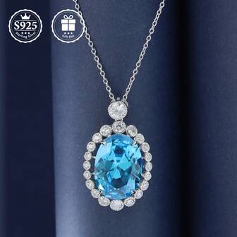 1pc S925 Silver Egg Shaped Artificial Blue Gemstone Pendant Necklace, Luxury & Exquisite, With Cultured Sea Blue Stones, Suitable As Holiday And Birthday Gift, Mother's Day Gift
