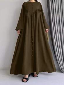 Women's Elegant Fairy Style Single-Breasted Lantern Sleeve Long Dress, Arabian Style, Spring - Coffee Brown - View 3