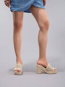 绳带坡跟厚底凉鞋，系带露趾，夏季度假休闲高跟白色日常时尚轻便舒适女鞋 - 白色 - 查看 9