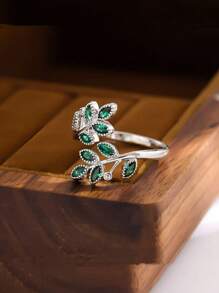 Fashionable Green Rhinestone Personalized Leaf Elegant Creative Open Sterling Silver Ring Valentine's Day Gift