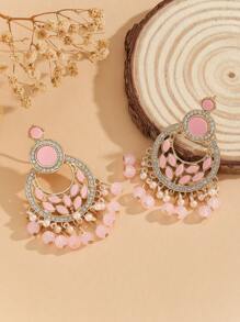 1 Pair Luxury Elegant Chand Bali Bohemian Style Crystal Rhinestone & Faux Pearl Tassel Drop Earrings, Fashionable Earrings Suitable For Women's Daily, Festival, Wedding And Party Wear/Jewelry Gift