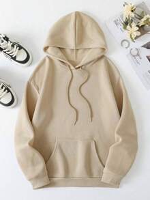 Moletom Feminino Algodao Basico Canguru Faith Over Fear Com Capuz E Bolso Flanelado Blusa De Frio Moda 2025 Lançamento - Bege - Visão 3