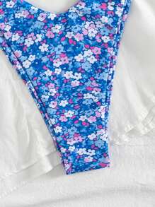 Conjunto de bikini de 2 piezas, estampado floral disperso y con espalda anudada, traje de baño para vacaciones en la playa