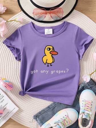 Young Girl Casual Cartoon Duck Slogan Print T-Shirt, Summer