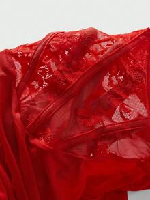 Plus Size Lace Asymmetrical Ruffle Hem Lingerie Dress Set, Red - Red - View 4