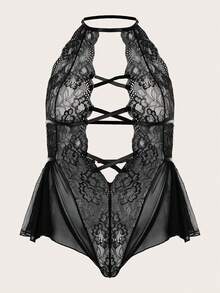 Plus Size Women Sexy Lingerie High Neck Teddy Lace Sleepwear With Tie Closure - Black - View 5
