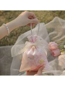 5/10 piezas, Bolsas de regalo con cordón estampadas con flores, perlas y cintas para bodas, duchas, cumpleaños y ocasiones especiales - Tela de lino y poliéster, Día de San Valentín, Día de la Madre, Primavera, Verano - Multicolor - Ver 7
