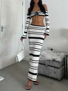 2pcs/Set Sexy Black & White Striped Knit Beach Cover-Up Set - Black and White - View 6