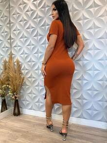 Women's Short Sleeve Midi Dress - Naranja Quemada - Ver 2