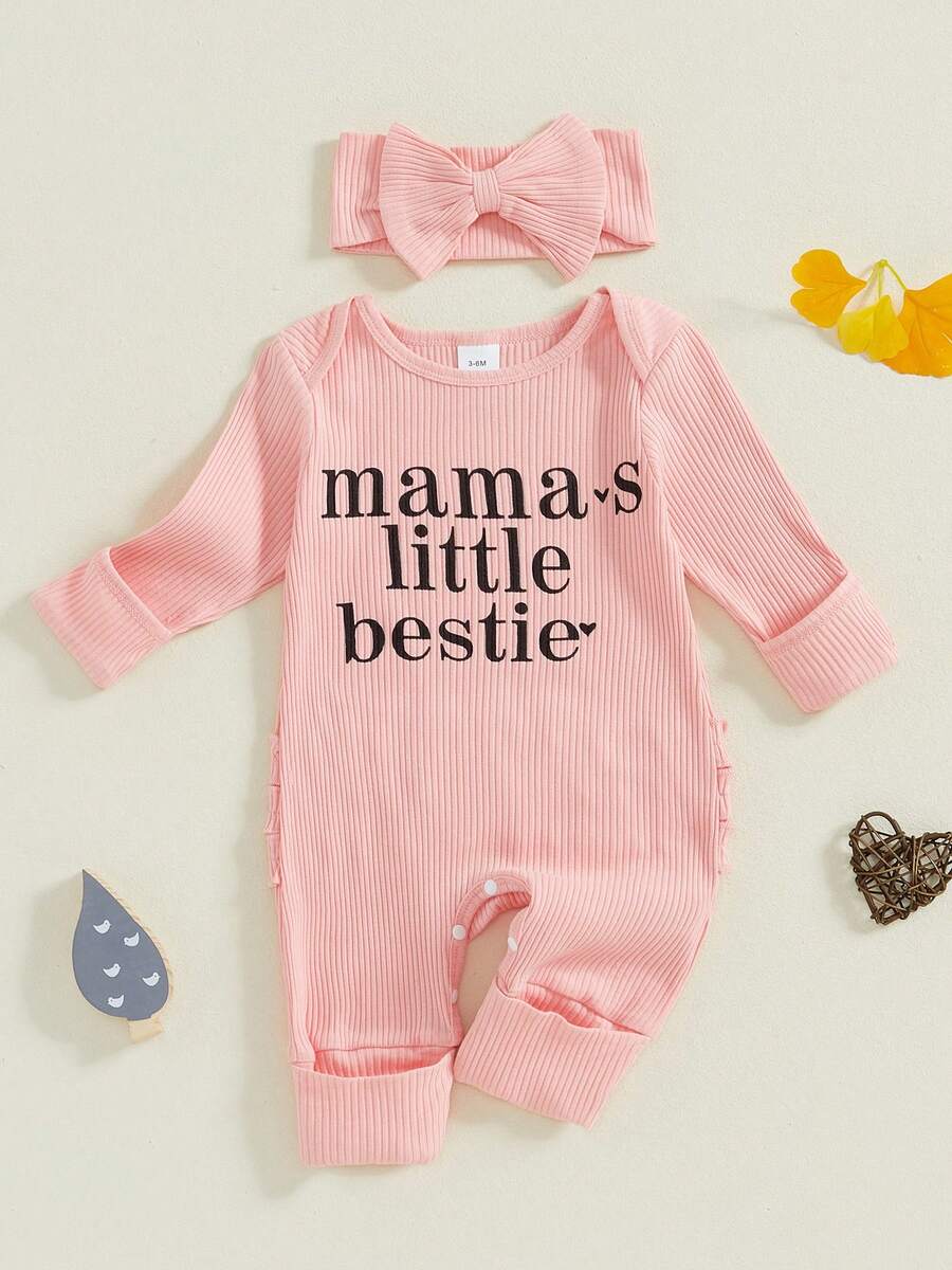 Baby Girls Casual Long Sleeve Jumpsuit Crew Neck Letter Print Bodysuit Rompers With Headband For Spring Autumn - Watermelon Pink - View 1