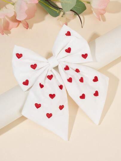 1pc Girl's Hair Clip, Sweet Pink Heart Embroidered Hair Clip, Solid Color Bow Hair Clip, Linen Alligator Clip, Girl & Teen Hair Accessories, Suitable For Daily Wear