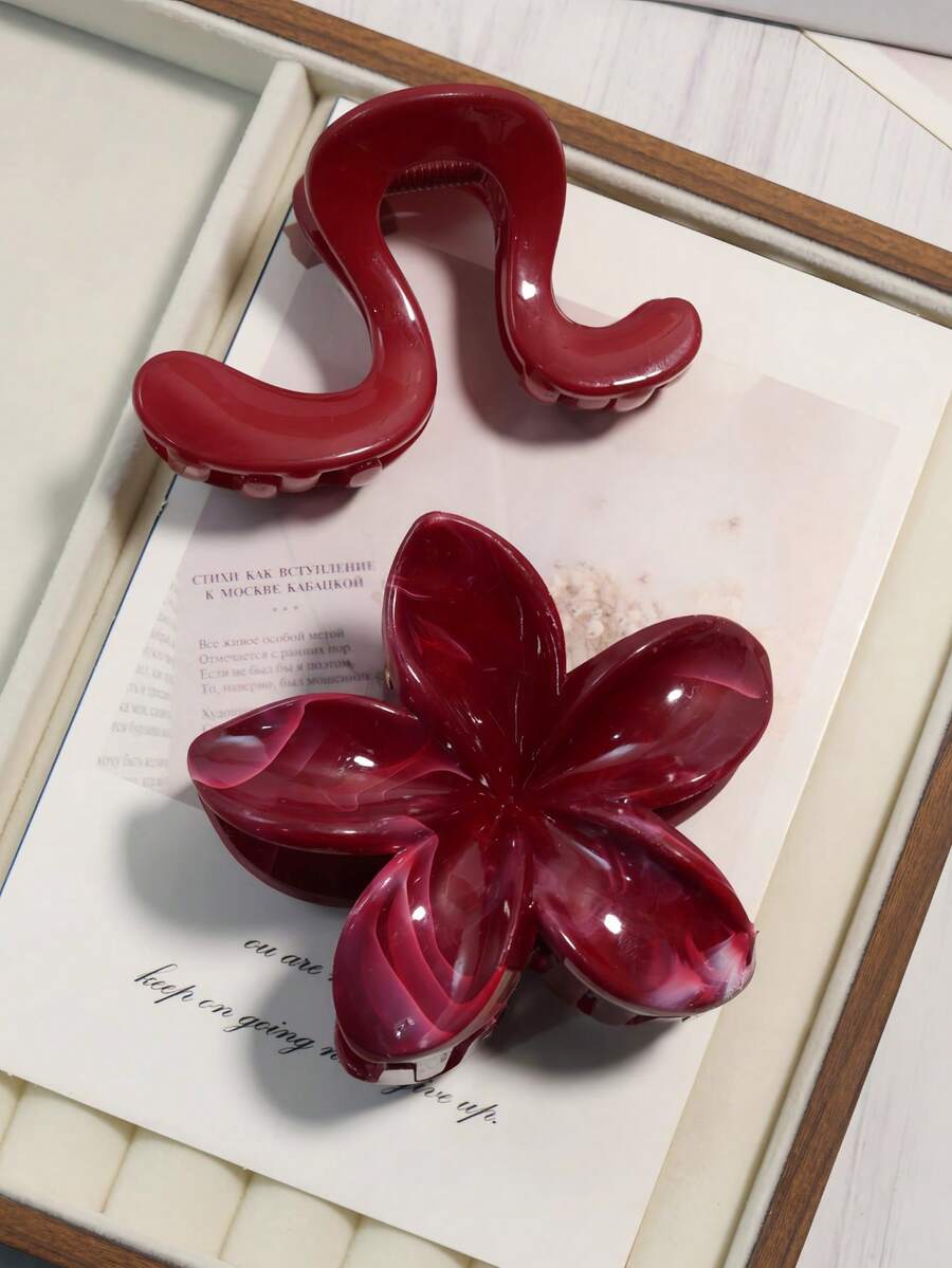 2 Pieces Set/Ancola Red Bow Fish Clip Hair Ornament & Flow Pattern Red, Size 8 Cm / 3.15 Inches, High Quality Elegant Simple Multi-Purpose Summer Hair Accessory, Suitable For Daily, Casual, Party, Work, Holiday, Face Wash, Makeup, Matching Clothing. - Multicolor - View 1