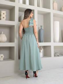 Helena Luxury Dune Linen Midi Dress With Bow On The Sleeve - 薄荷綠 - 查看 4