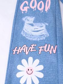 Mädchen Lässig Set aus einfarbigem T-Shirt und Hose mit Denim-Optik und Blumen-Muster, Frühling/Sommer Set