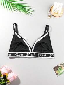 女士字母印花对比色束缚内衣 V 领胸罩 - 黑色 - 查看 2