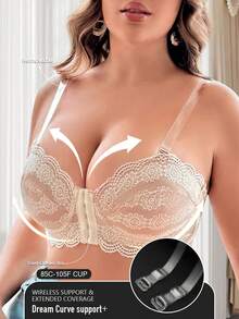 Front Closure Plus Size Women Lace Patchwork Bra With Underwire, Comfortable Lingerie - White - View 3