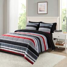 7-Piece Reversible Bed In A Bag Comforter Set With Sheets, Blue Floral, Queen - Garis Merah & Hitam - View 2