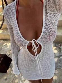 Women's New Style Openwork Sexy Beach Vacation Casual Daily Wear, Slightly Flared Sleeve Short Sweater Dress, Spring Summer Fall