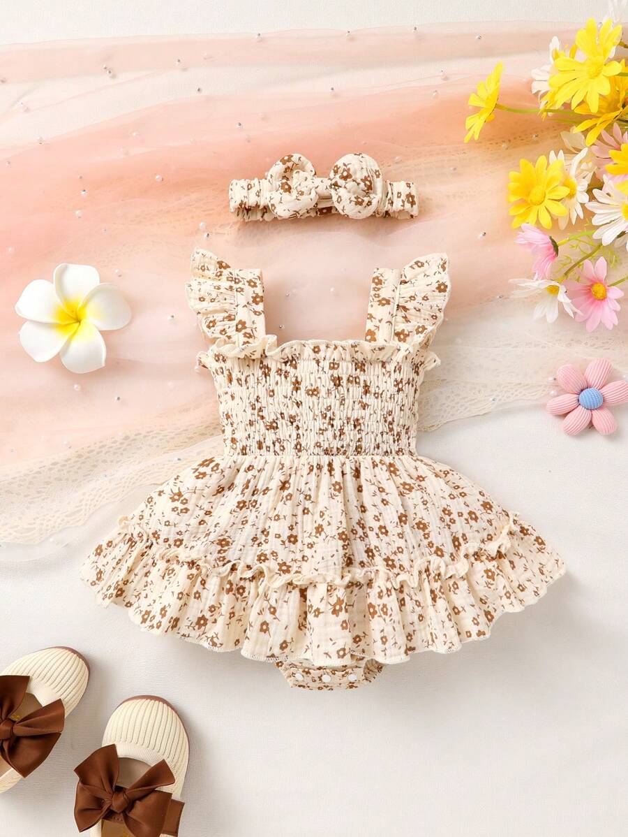 2pcs/Set Baby Girls Casual & Cute Cotton Outfit With Soft, Comfortable & Elegant Floral Print Slip Dress And Headband, Suitable For Summer Daily, Outdoor, Vacation And Party