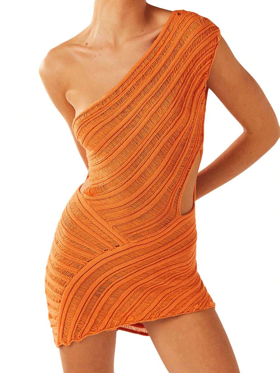 Women's Summer Short Skinny Dress Solid Color Sleeveless One Shoulder Halter Dress - Orange - View 1