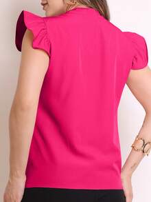 MARILYN MONNA New Women's Solid Color Classic V-Neck Ruffle Elegant Notched Neck Sleeve Blouse - Màu Hồng Tươi - Xem 2