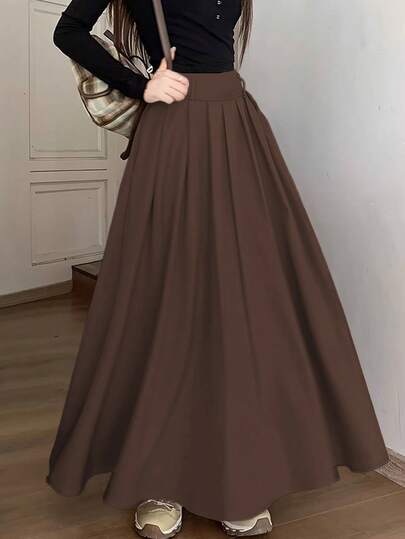 Falda larga de color marrón café sólido, fluida y fresca, para uso diario, con detalles plisados y acampanados, bolsillos, versátil, para ir al trabajo/citas/uso casual