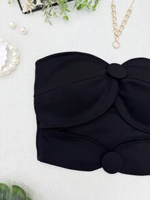 ELLIE Women's Strapless Crop Top With Button Details - 黑色 - 查看 2