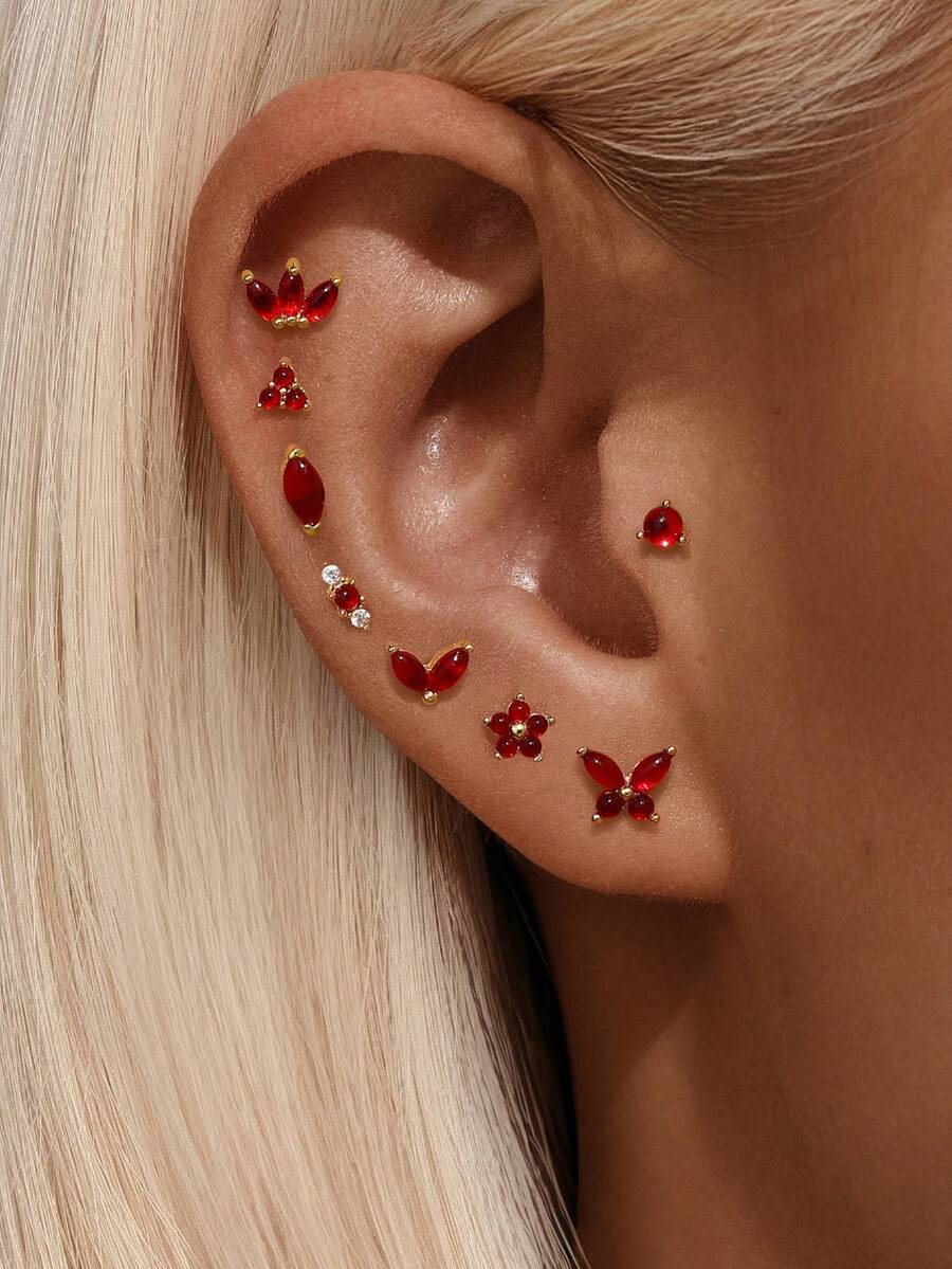 1 Pc Red Gemstones 925 Sterling Silver Earring For Women Vintage Flat Back Minimalist Wedding Party Bridal Jewelry Fine Jewelry - Gold - View 1