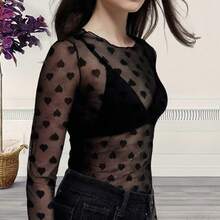 Women's Mesh Fishnet Top See Through Cover Up Sand Perspective Love Base Short Sleeves T Shirts Sheer Blouse - Black - View 2