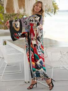 Kimono de manga larga con abertura delantera, estilo bohemio, de talla grande, con estampado vibrante, ligero y transparente como cubrebotas de playa, de tela de poliéster sin elástico, prenda exterior casual para mujer para vacaciones
