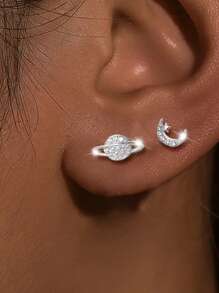 1 Pair 925 Sterling Silver Asymmetric Moon & Star Stud Earrings, Unique Personalized Design Small Earrings, Suitable For Party Events, Holiday Gifts