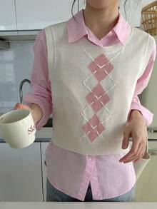 Women's Geometrical Pattern Crew Neck Casual Versatile Knitted Vest, Summer - White - View 7