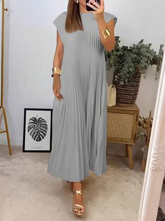 Vestido plisado de unicolor informal de verano para mujer