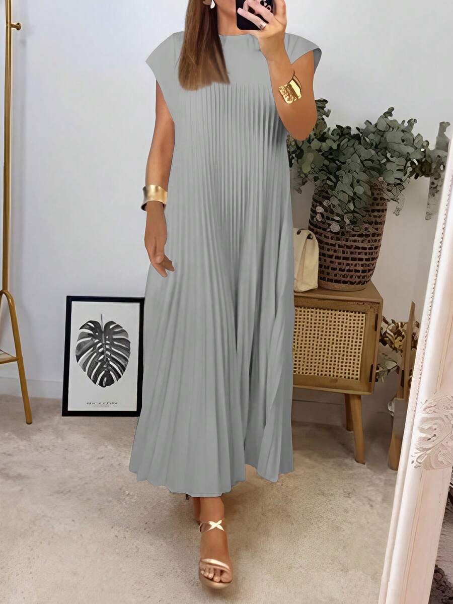 女士夏季休闲纯色褶皱连衣裙，优雅 - 淺灰色 - 查看 1