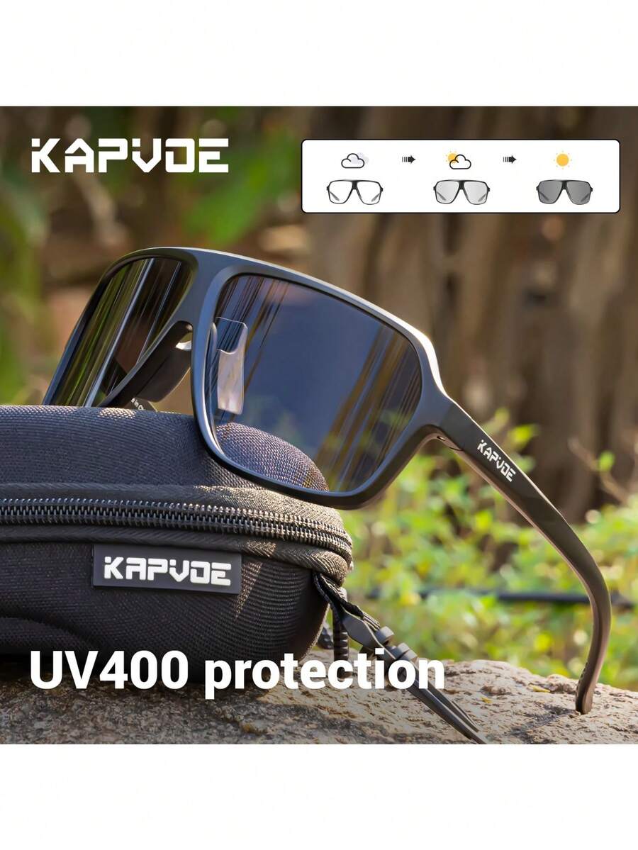 Kapvoe 变色骑行眼镜，时尚男士眼镜，自行车运动眼镜，公路自行车/山地自行车防护眼镜，适合骑行、高尔夫、棒球、徒步旅行、露营和户外活动 - 彩色 - 查看 1