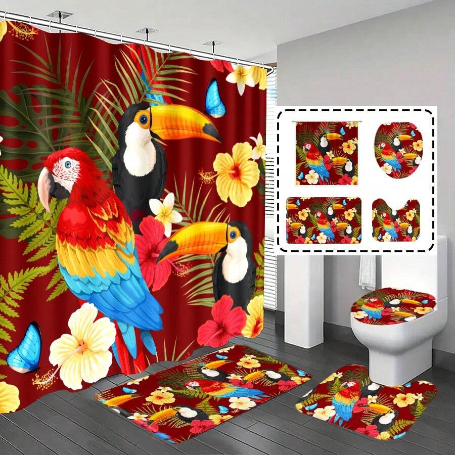 [Popular Choice] 1pc/4pcs Bathroom Shower Curtain Set, Bathroom Decor, Bathroom Mat, Featuring Parrot, Macaw, Tropical Plants, Poodle Patterns, Four Seasons Themed Decoration, Classic Luxury Style Bathroom Accessories, Includes 12 Hooks Fall Decor Back To School