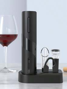 5-In-1 Electric Wine Bottle Opener Set, Rechargeable Cordless Corkscrew With Charging Base, Foil Cutter, Aerator Pourer, Wine Stopper - Black - View 3