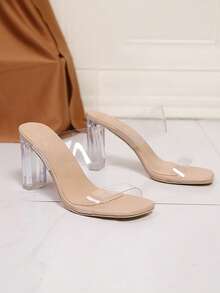 女士水晶高跟凉鞋，透明带露趾夏季度假粗跟凉鞋 - 裸色-9公分 - 查看 7