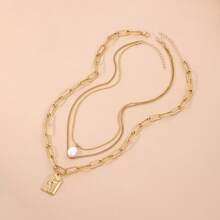 1pc Multi-Layer Heavy Metal Chunky Chain Faux Pearl & Geometric Pendant Necklace - Gold - View 1